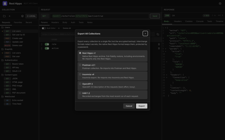 The export dialog
